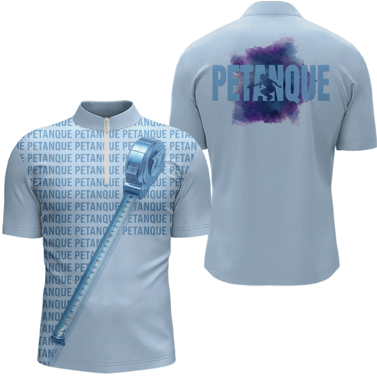 Polo Pétanque Personnalisé - Design Bleu Tendance Mètre - Polo Zippé Homme