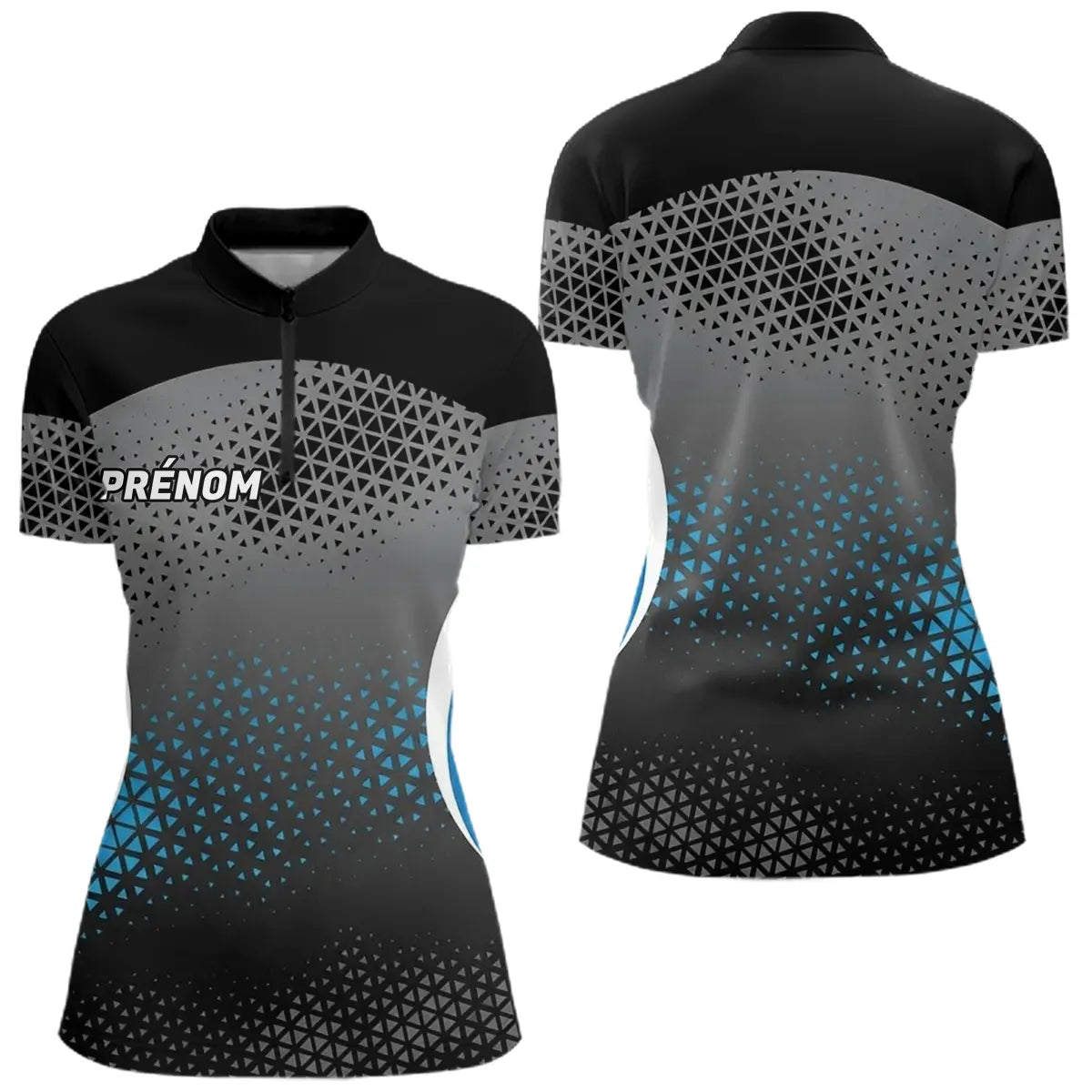 Polo Pétanque Personnalisé - Design Géométrique Bleu & Noir - Polo Zippé Femme