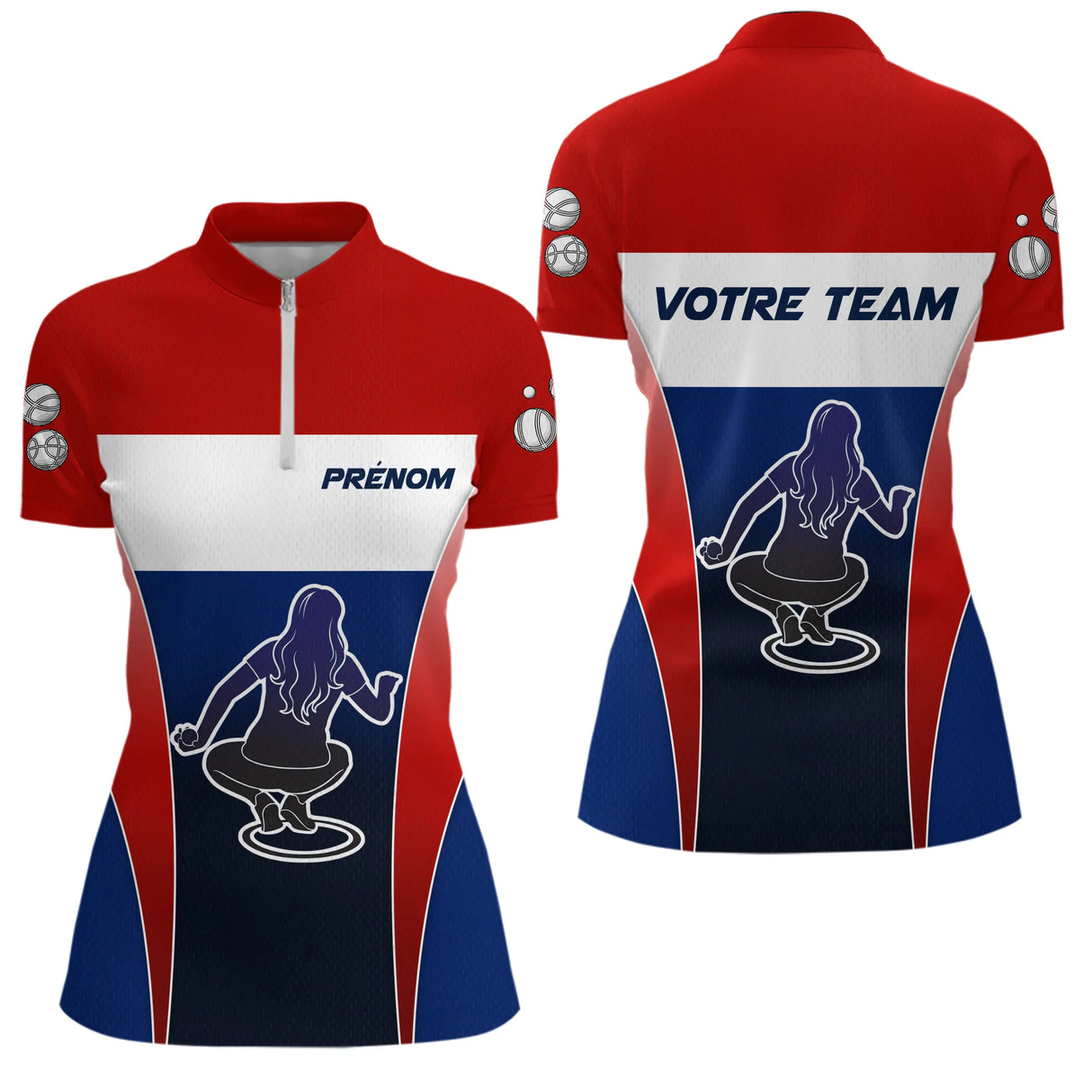 Polo Pétanque Personnalisé - Drapeau Français & Nom d'Équipe - Polo Zippé Femme