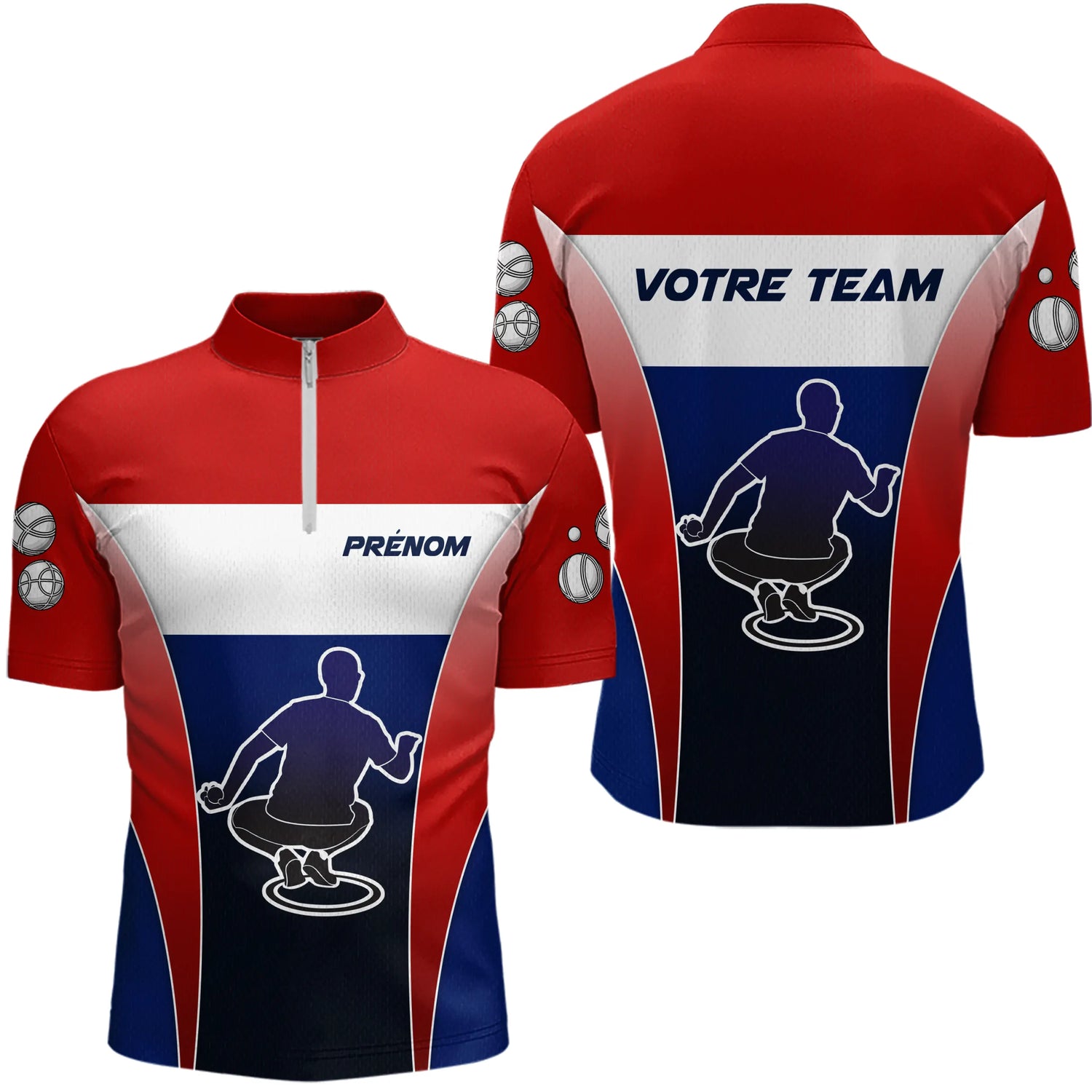 Polo Pétanque Personnalisé - Drapeau Français & Nom d'Équipe - Polo Zippé Homme
