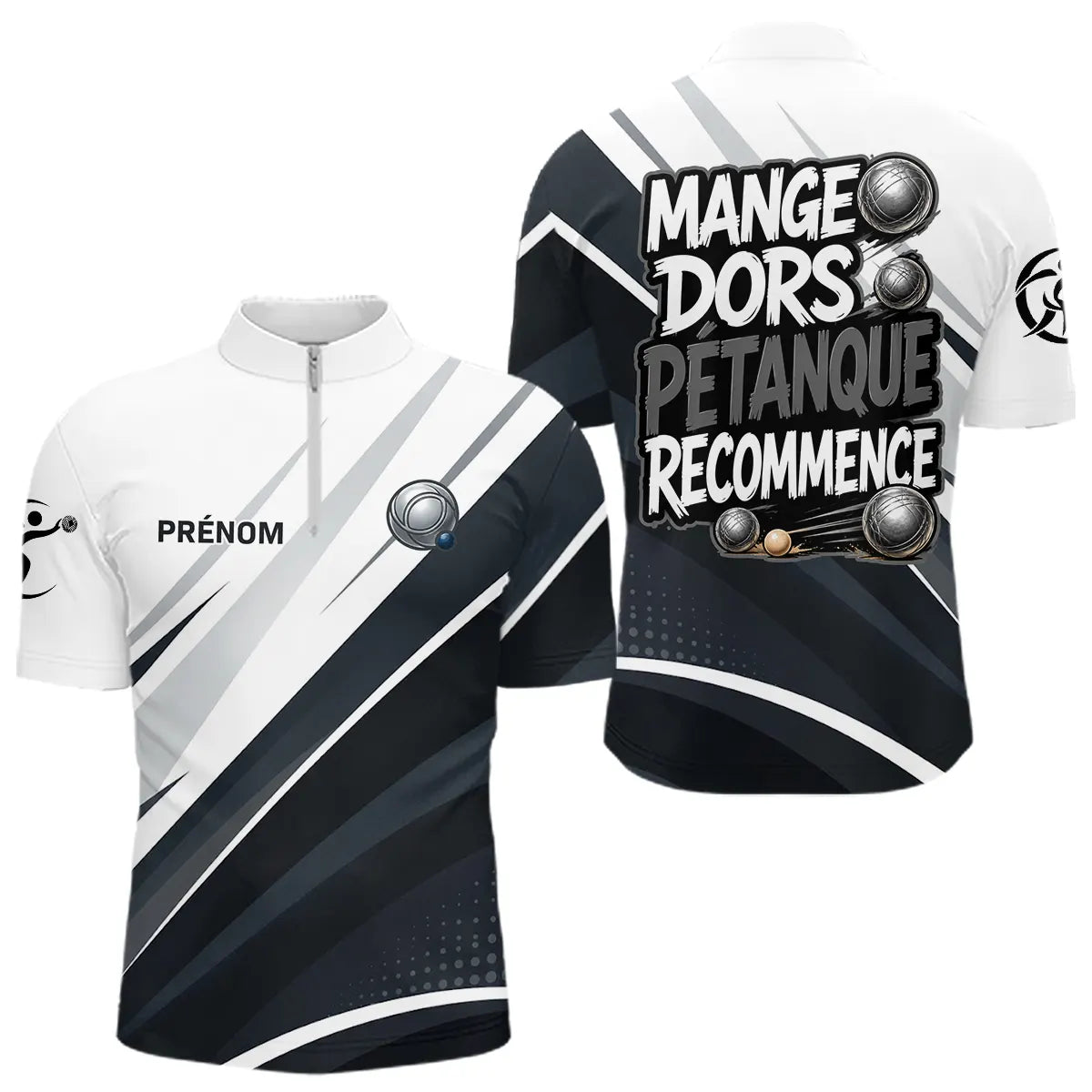 Polo Pétanque Personnalisé - Mange Dors Blanc et Gris - Polo Zippé Homme