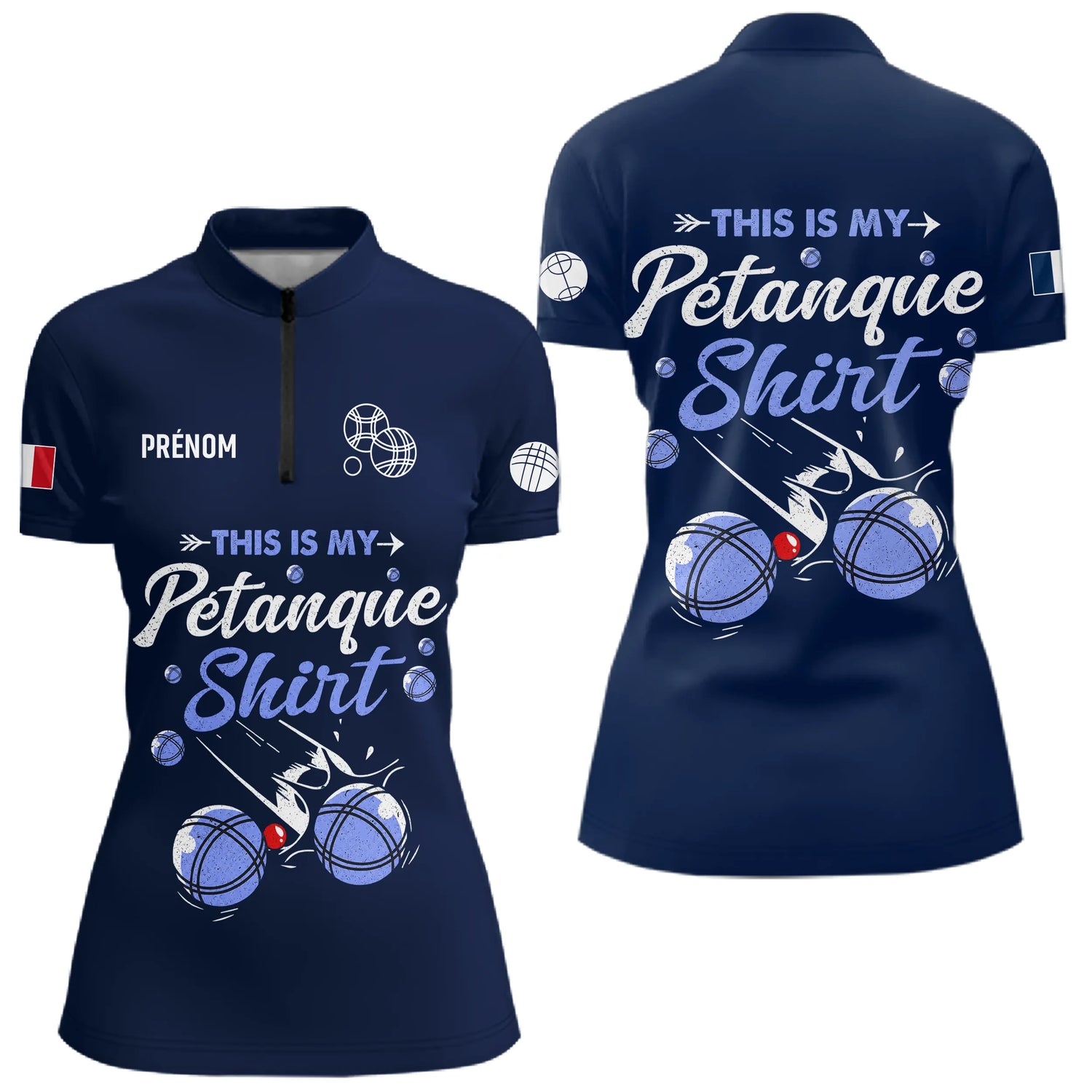 Polo Pétanque Personnalisé - Marine Cadeau Bouliste - Polo Zippé Femme