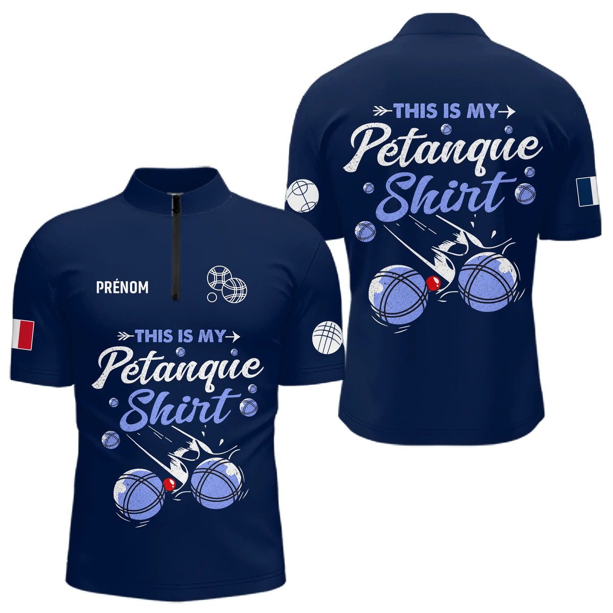 Polo Pétanque Personnalisé - Marine Cadeau Bouliste - Polo Zippé Homme