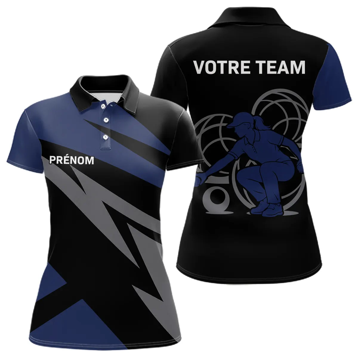 Polo Pétanque Personnalisé - Noir & Bleu Marine Prénom - Polo Femme