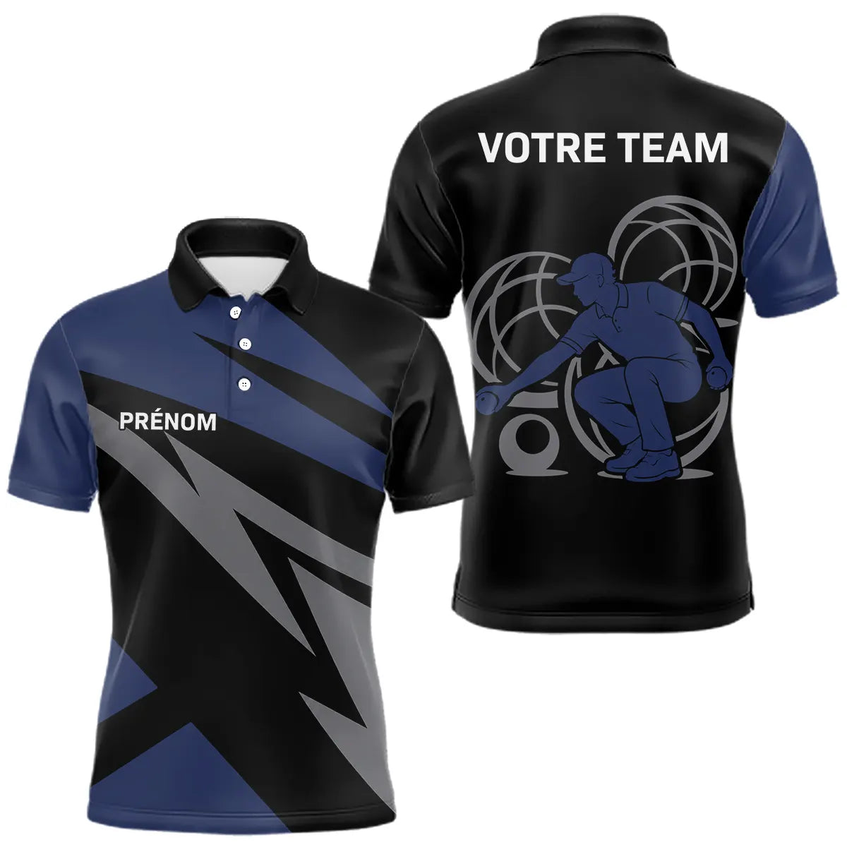 Polo Pétanque Personnalisé - Noir & Bleu Marine Prénom - Polo Homme