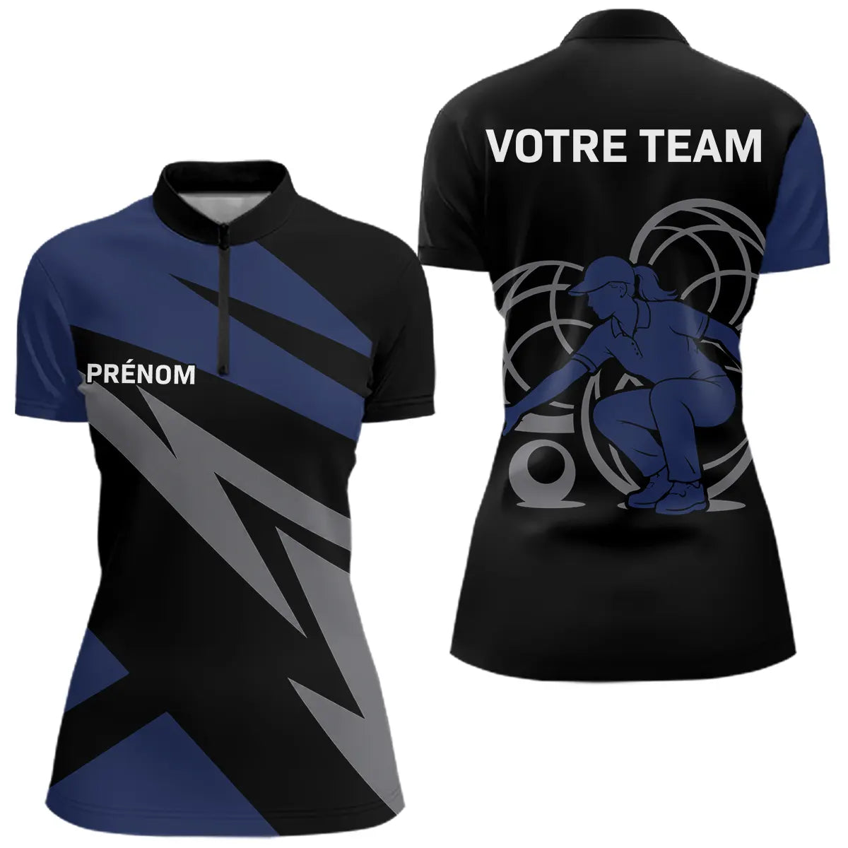 Polo Pétanque Personnalisé - Noir & Bleu Marine Prénom - Polo Zippé Femme
