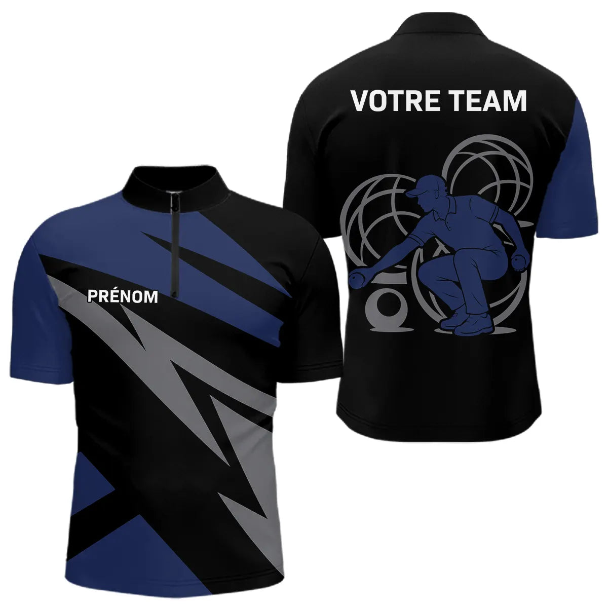 Polo Pétanque Personnalisé - Noir & Bleu Marine Prénom - Polo Zippé Homme