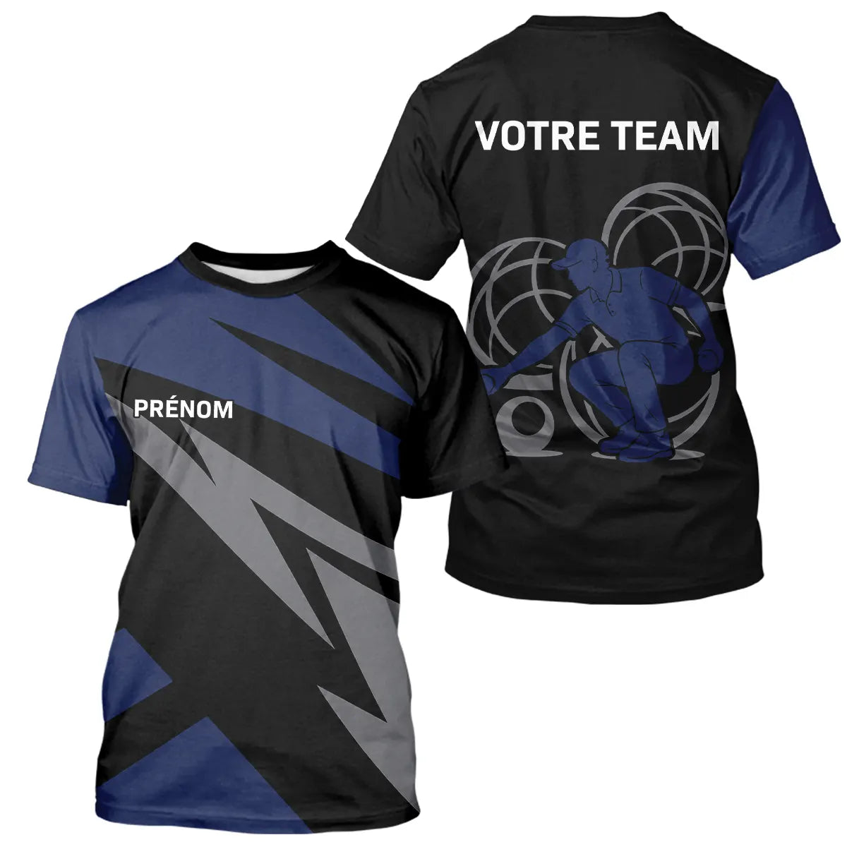 Polo Pétanque Personnalisé - Noir & Bleu Marine Prénom - T-Shirt Homme