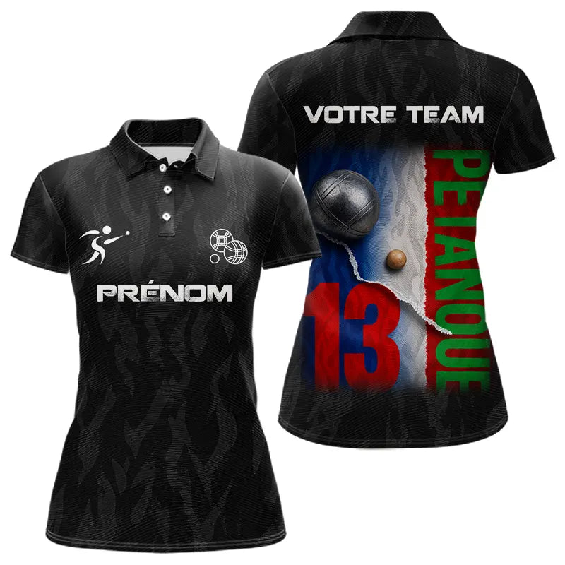 Polo Pétanque Personnalisé - Noir Drapeau Français N°13 - Polo Femme