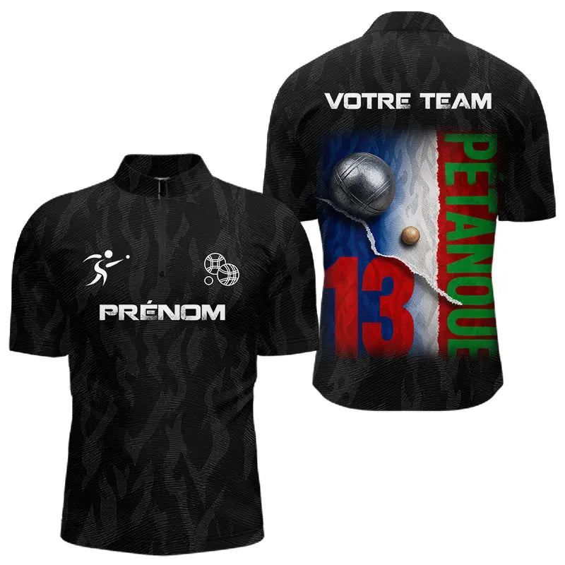 Polo Pétanque Personnalisé - Noir Drapeau Français N°13 - Polo Zippé Homme