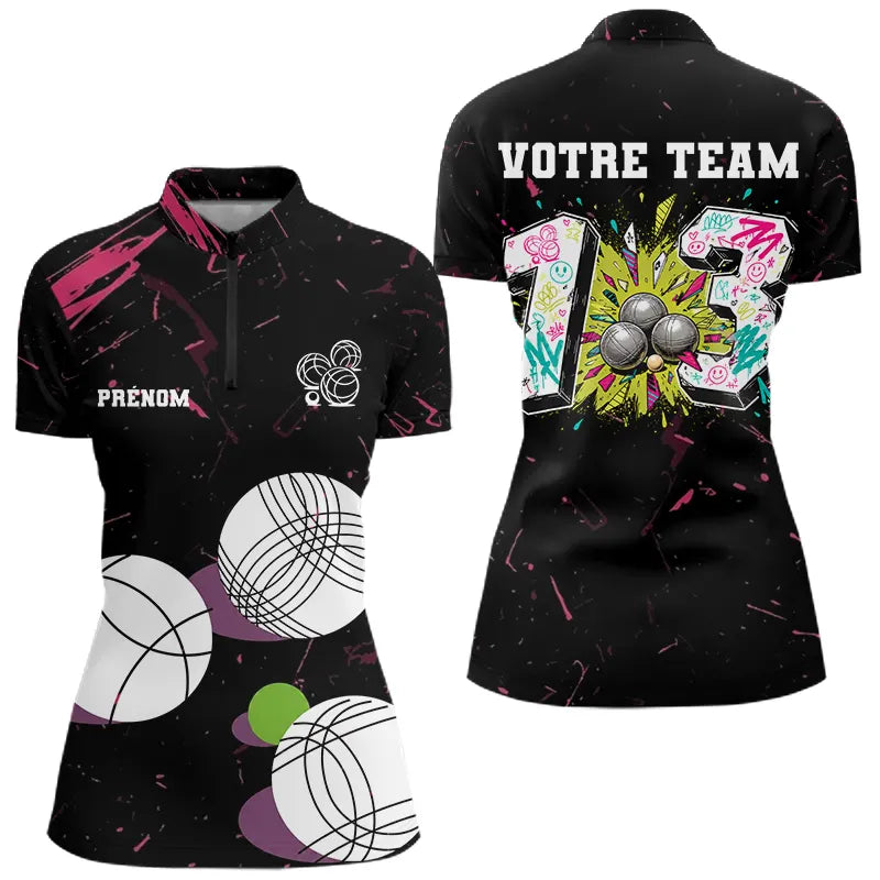 Polo Pétanque Personnalisé - Noir Graffiti N°13 - Polo Zippé Femme
