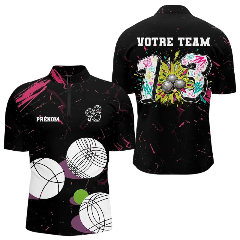 Polo Pétanque Personnalisé - Noir Graffiti N°13 - Polo Zippé Homme