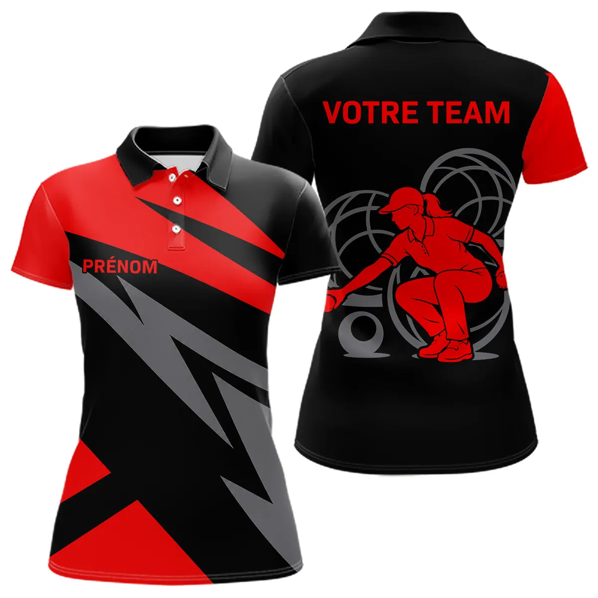Polo Pétanque Personnalisé - Noir & Rouge Prénom - Polo Femme
