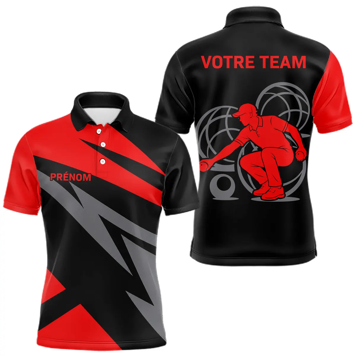 Polo Pétanque Personnalisé - Noir & Rouge Prénom - Polo Homme
