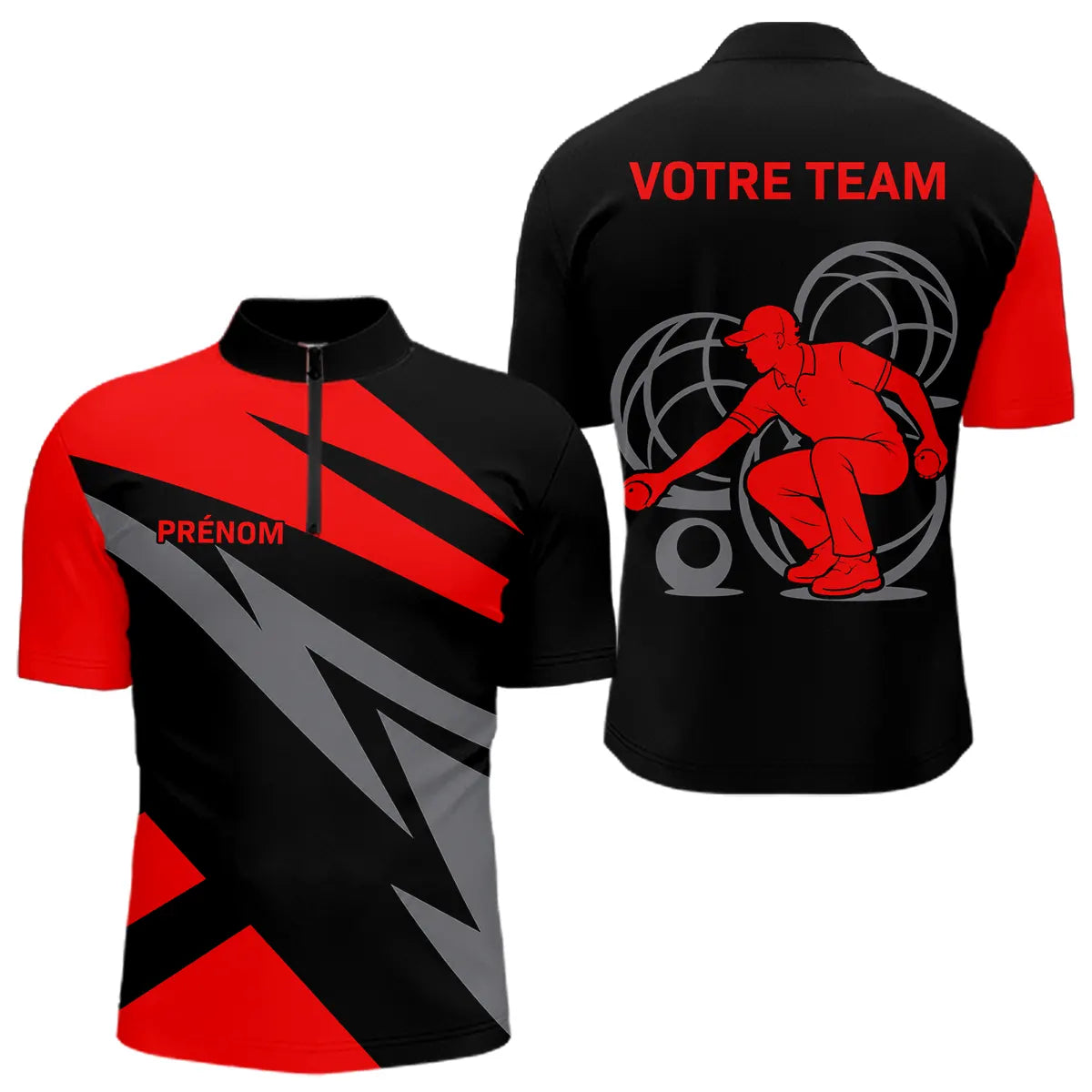 Polo Pétanque Personnalisé - Noir & Rouge Prénom - Polo Zippé Homme