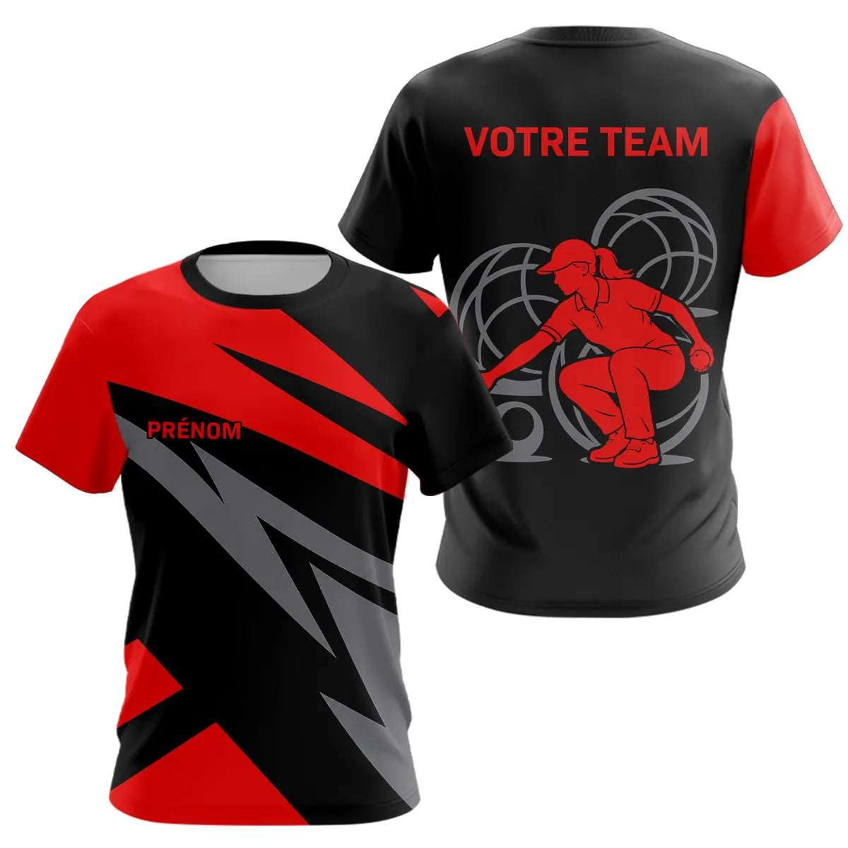 Polo Pétanque Personnalisé - Noir & Rouge Prénom - T-Shirt Femme