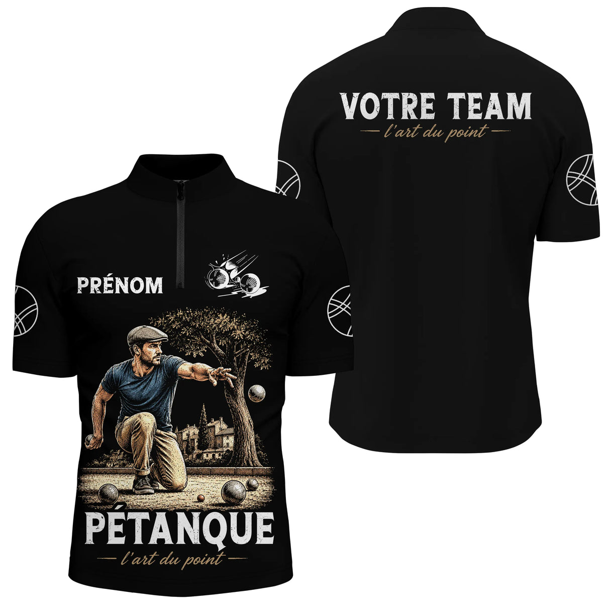 Polo Pétanque Personnalisé - Prénom & Équipe Vintage - Polo Zippé Homme