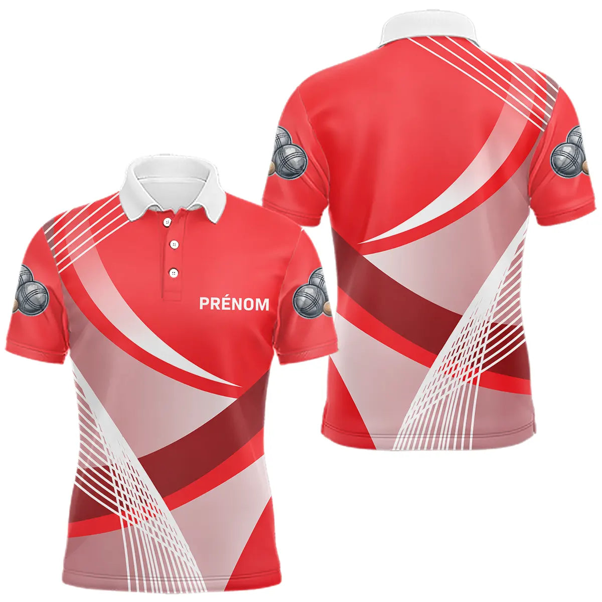 Polo Pétanque Personnalisé - Rouge Boules Prénom Rayé - Polo Homme