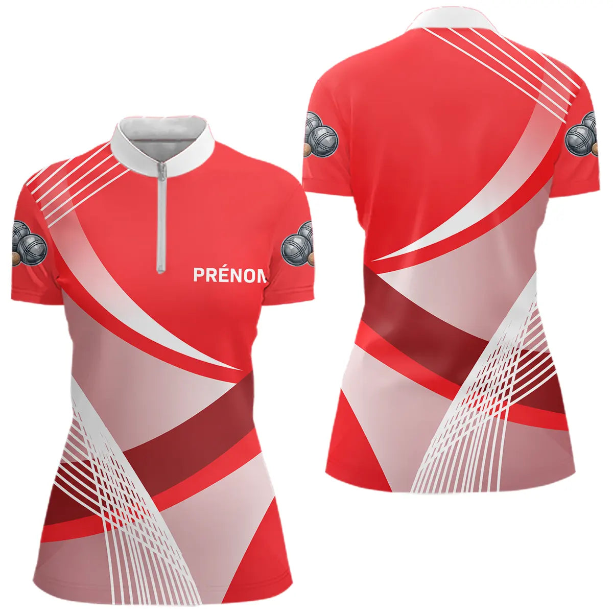 Polo Pétanque Personnalisé - Rouge Boules Prénom Rayé - Polo Zippé Femme