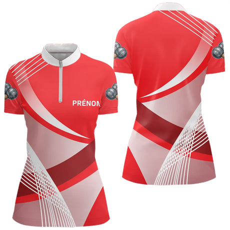Polo Pétanque Personnalisé - Rouge Boules Prénom Rayé - Polo Zippé Femme