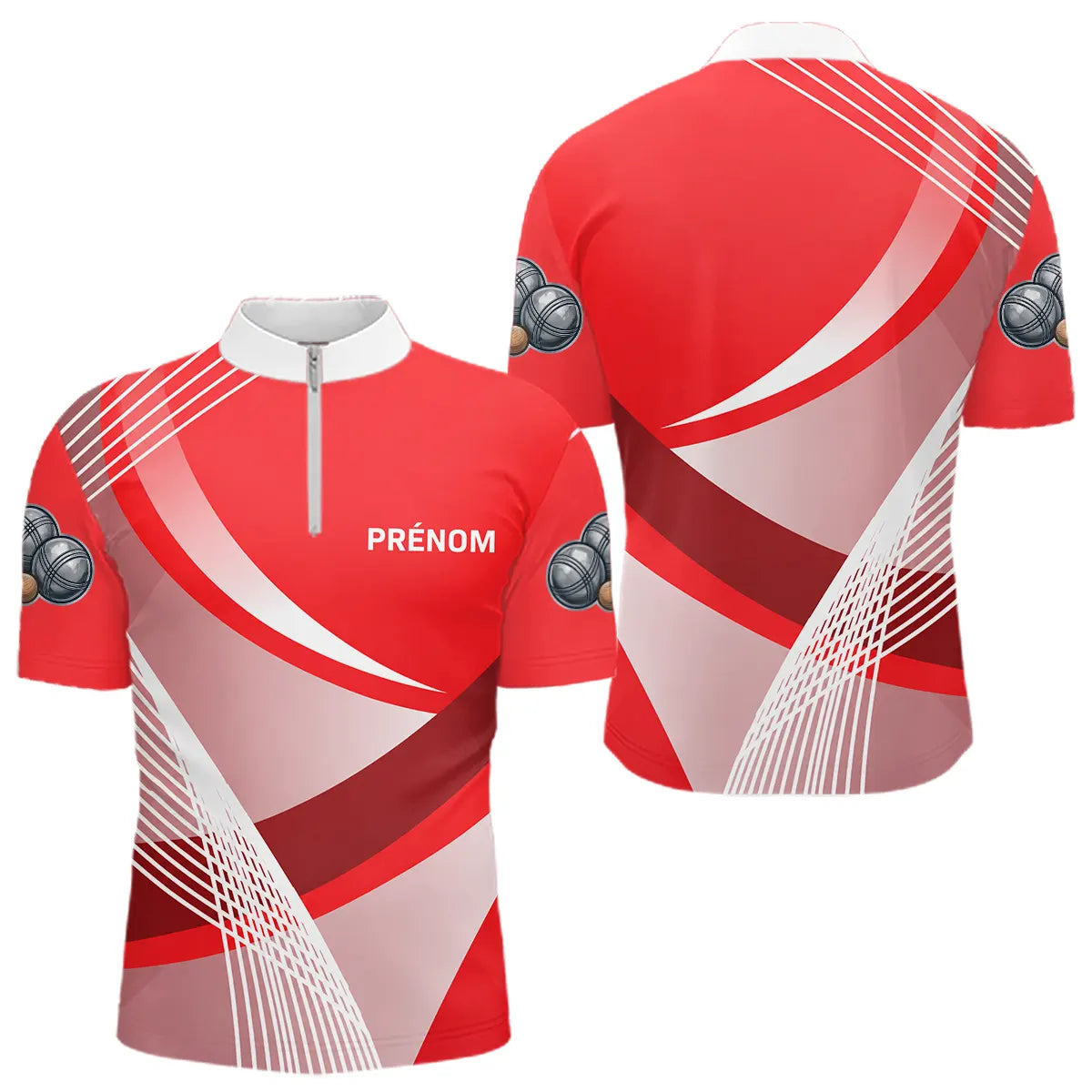 Polo Pétanque Personnalisé - Rouge Boules Prénom Rayé - Polo Zippé Homme