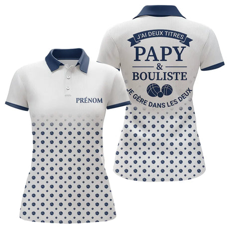Polo Pétanque Personnalisé - Style Papy Bouliste Blanc et Bleu - Polo Femme