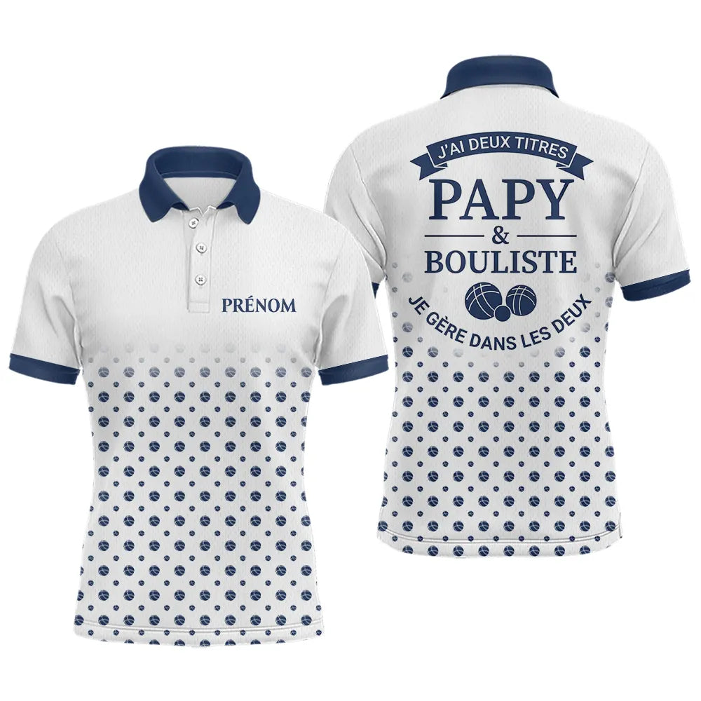 Polo Pétanque Personnalisé - Style Papy Bouliste Blanc et Bleu - Polo Homme