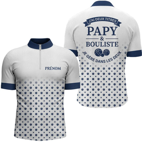 Polo Pétanque Personnalisé - Style Papy Bouliste Blanc et Bleu - Polo Zippé Homme