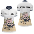 Polo Pétanque Personnalisé - Team Cochonnet Blanc Bleu - Polo Zippé Femme