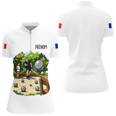 Polo Pétanque Personnalisé Blanc - Cadeau Boulodrome Famille - Polo Zippé Femme