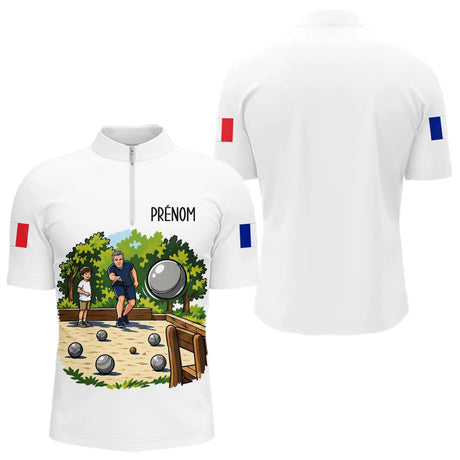 Polo Pétanque Personnalisé Blanc - Cadeau Boulodrome Famille - Polo Zippé Homme