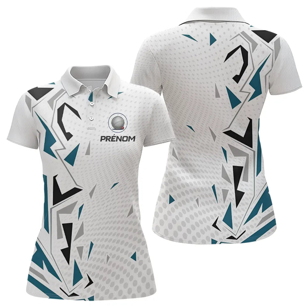 Polo Pétanque Personnalisé Blanc et Bleu - Teal Motifs - Polo Femme