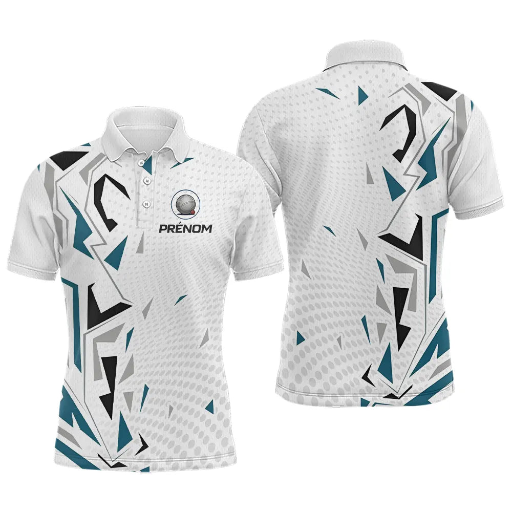 Polo Pétanque Personnalisé Blanc et Bleu - Teal Motifs - Polo Homme