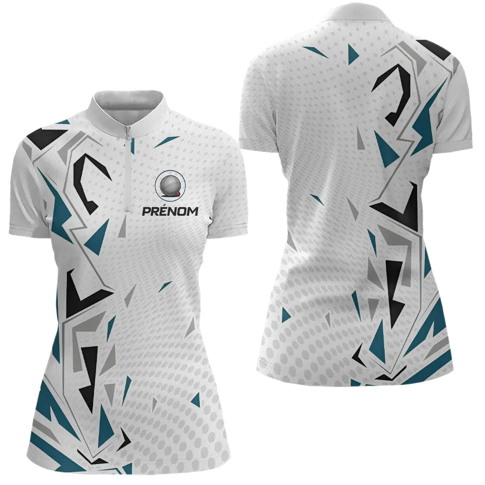 Polo Pétanque Personnalisé Blanc et Bleu - Teal Motifs - Polo Zippé Femme