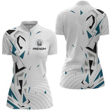 Polo Pétanque Personnalisé Blanc et Bleu - Teal Motifs - Polo Zippé Femme