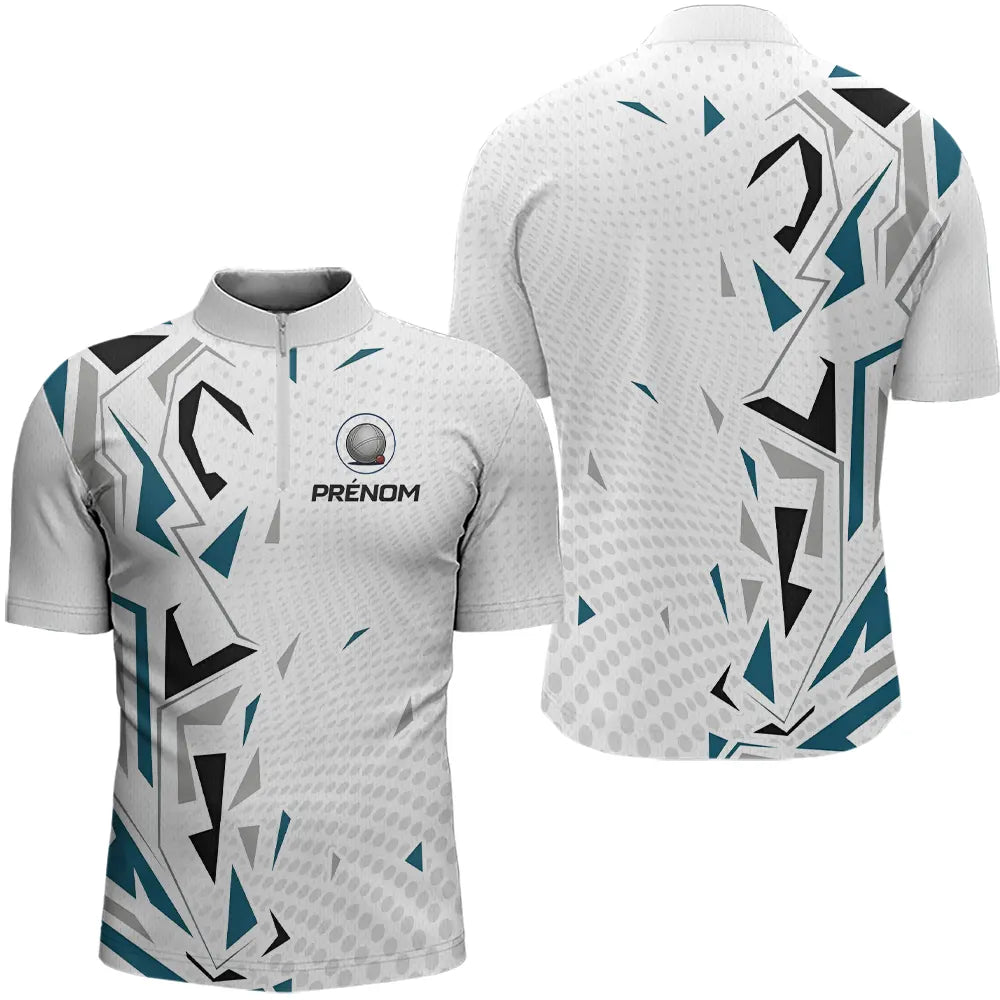 Polo Pétanque Personnalisé Blanc et Bleu - Teal Motifs - Polo Zippé Homme
