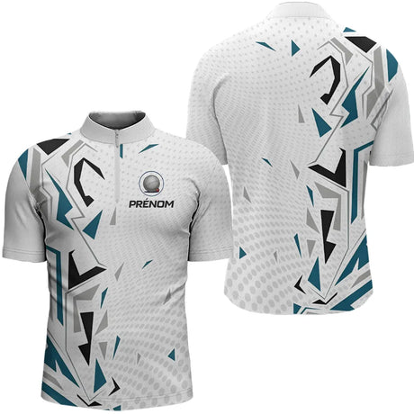 Polo Pétanque Personnalisé Blanc et Bleu - Teal Motifs - Polo Zippé Homme