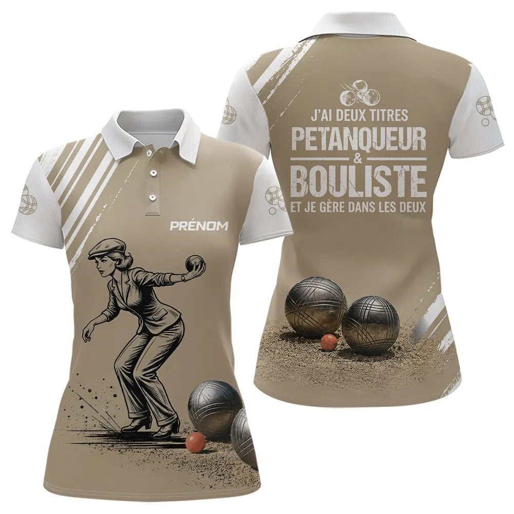 Polo Pétanque Personnalisé Blanc et Sable - Cadeau Bouliste - Polo Femme