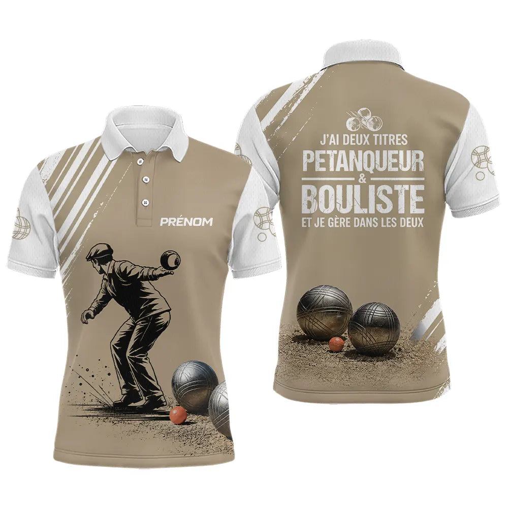 Polo Pétanque Personnalisé Blanc et Sable - Cadeau Bouliste - Polo Homme