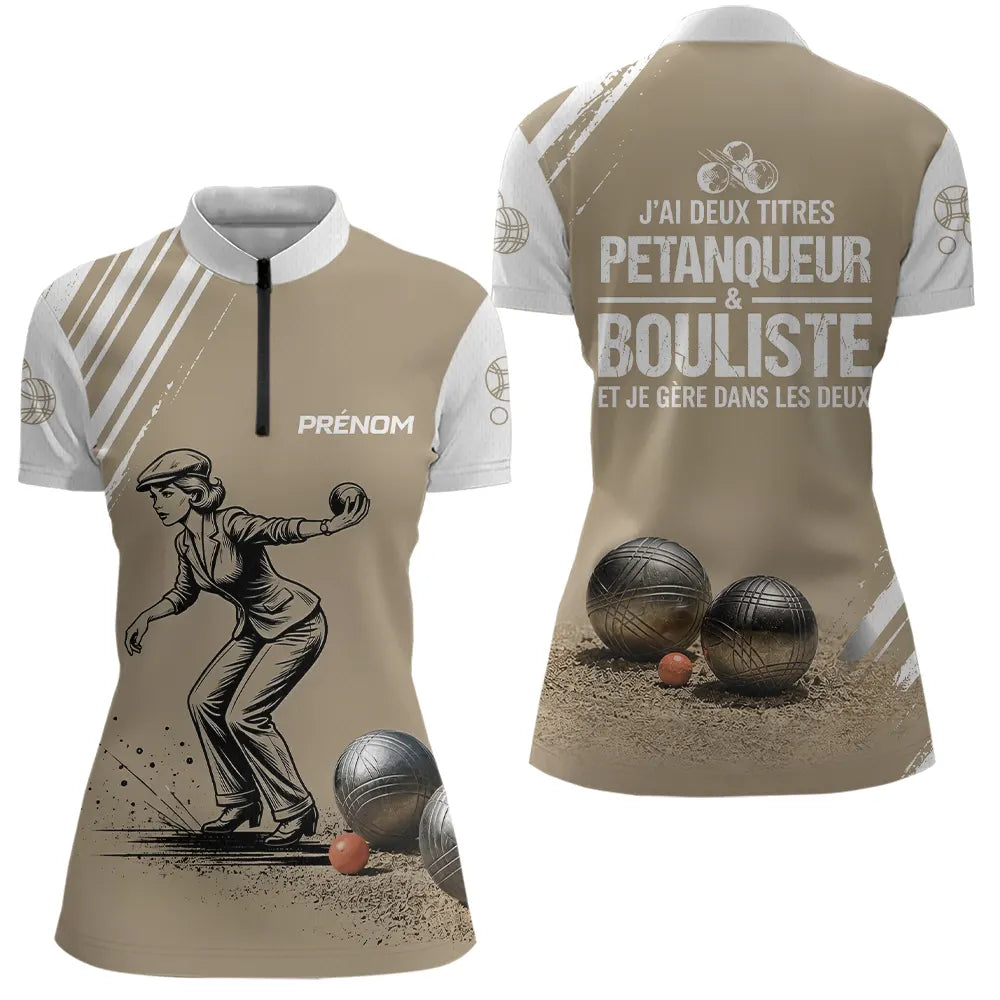 Polo Pétanque Personnalisé Blanc et Sable - Cadeau Bouliste - Polo Zippé Femme