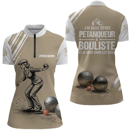 Polo Pétanque Personnalisé Blanc et Sable - Cadeau Bouliste - Polo Zippé Femme
