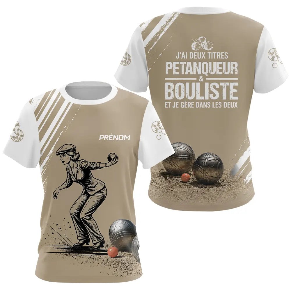 Polo Pétanque Personnalisé Blanc et Sable - Cadeau Bouliste - T-Shirt Femme
