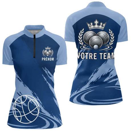 Polo Pétanque Personnalisé Bleu - Idée Cadeau Boulistes - Polo Zippé Femme