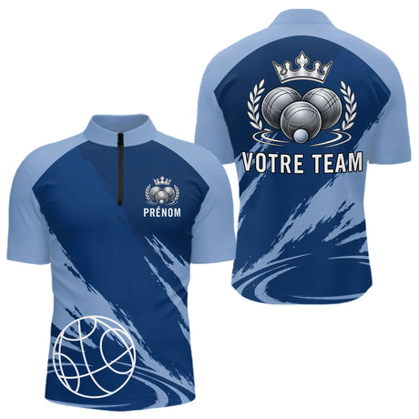 Polo Pétanque Personnalisé Bleu - Idée Cadeau Boulistes - Polo Zippé Homme