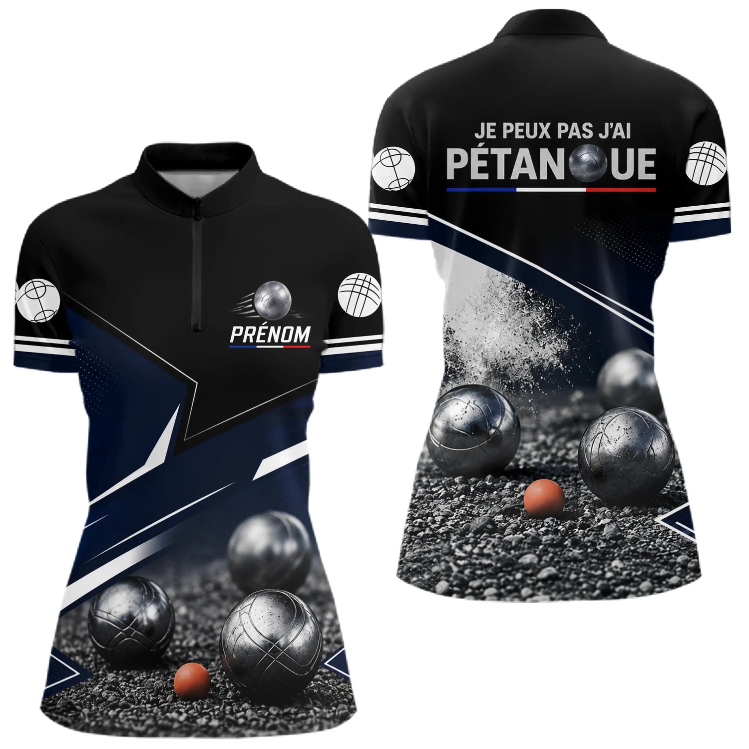Polo Pétanque Personnalisé Bleu - J'peux Pas J'ai - Polo Zippé Femme