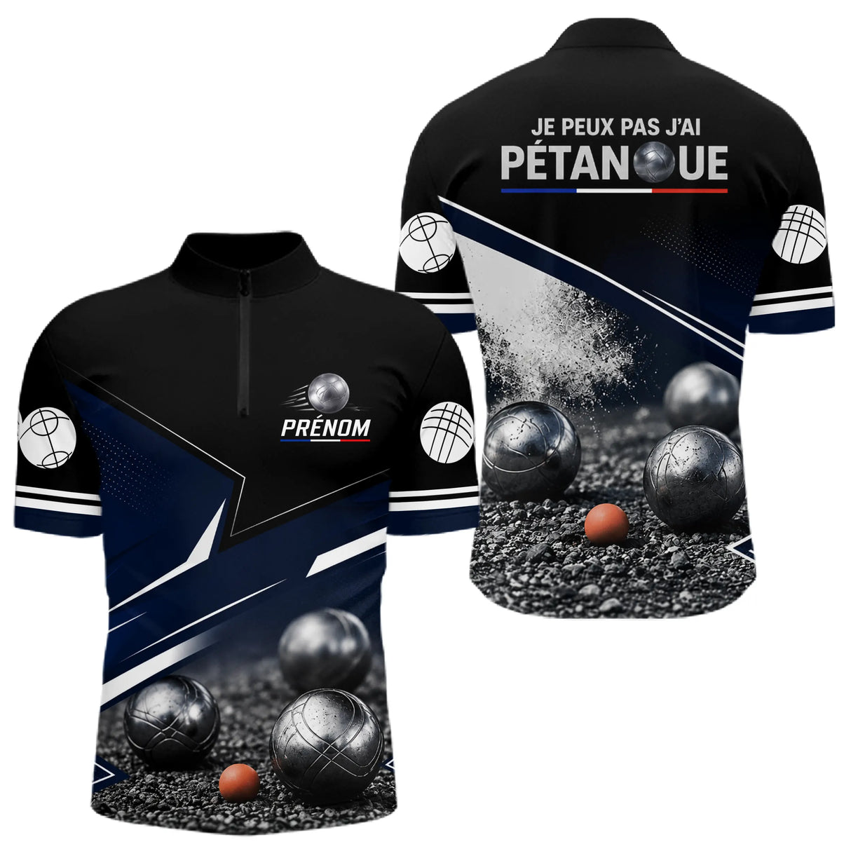 Polo Pétanque Personnalisé Bleu - J'peux Pas J'ai - Polo Zippé Homme