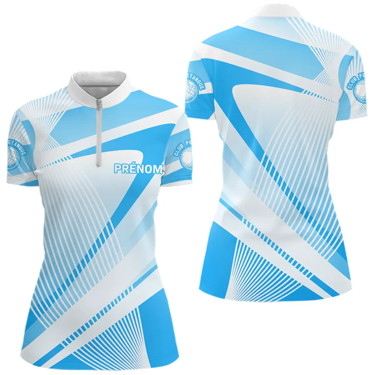 Polo Pétanque Personnalisé Bleu & Blanc - Design Technique - Polo Zippé Femme
