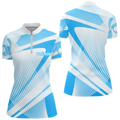 Polo Pétanque Personnalisé Bleu & Blanc - Design Technique - Polo Zippé Femme