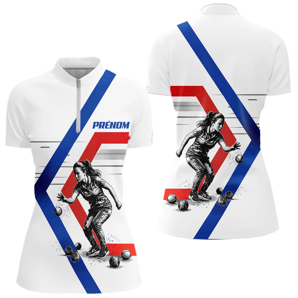 Polo Pétanque Personnalisé Bleu Blanc Rouge - Homme Femme Prénom - Polo Zippé Femme