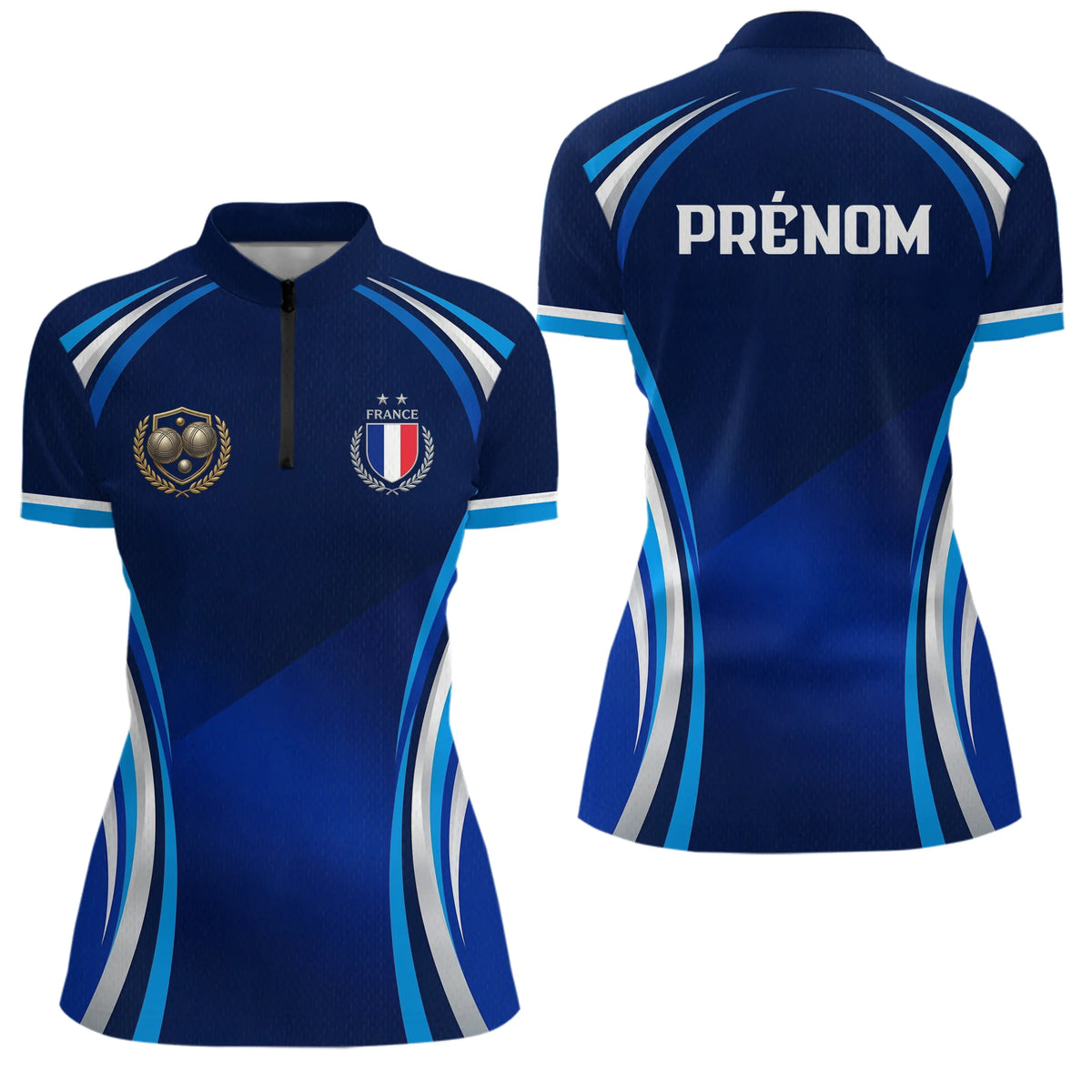 Polo Pétanque Personnalisé Bleu France - Cadeau Bouliste Homme Femme - Polo Zippé Femme
